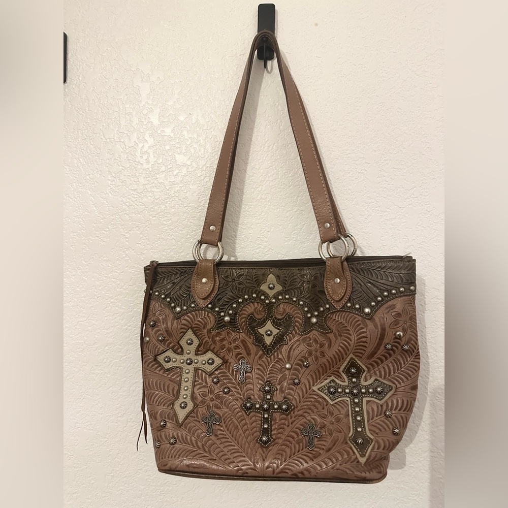 American West Tan and Brown Cross Embellished Shoulder Bag